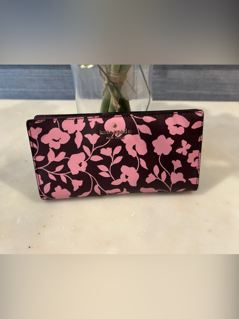 kate spade Pink Floral Continental Wallet with Gold Logo
